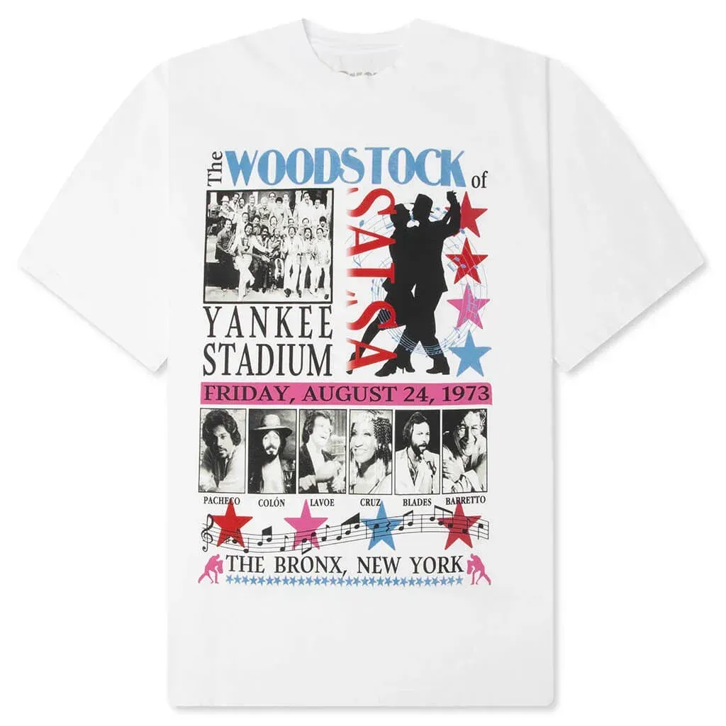 Bueno Woodstock of Salsa white t-shirt with large vintage concert graphic and bold text print
