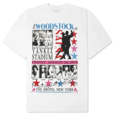 Bueno Woodstock of Salsa white t-shirt with large vintage concert graphic and bold text print