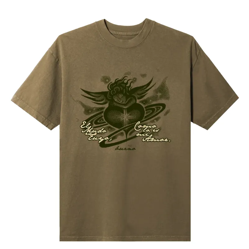 Bueno My Love Is Yours brown t-shirt with winged heart graphic and script text design
