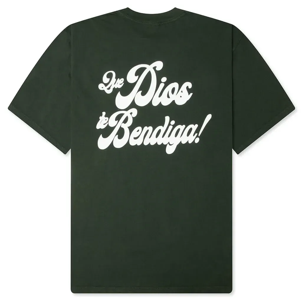 Bueno Bendiga dark green t-shirt back with large white script graphic text design