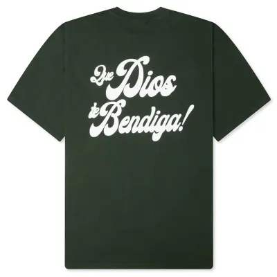 Bueno Bendiga dark green t-shirt back with large white script graphic text design