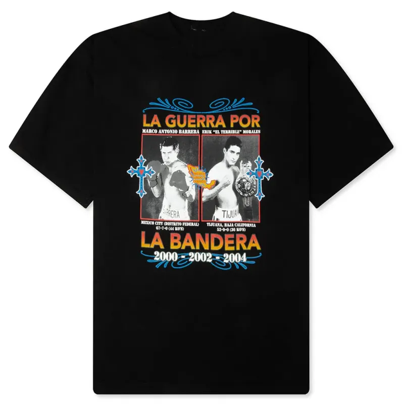 Bueno La Guerra Por La Bandera black t-shirt with vintage boxing graphic and bold text