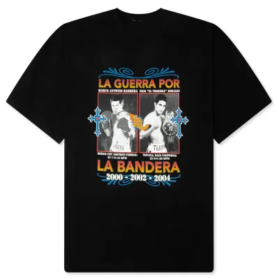 Bueno La Guerra Por La Bandera black t-shirt with vintage boxing graphic and bold text