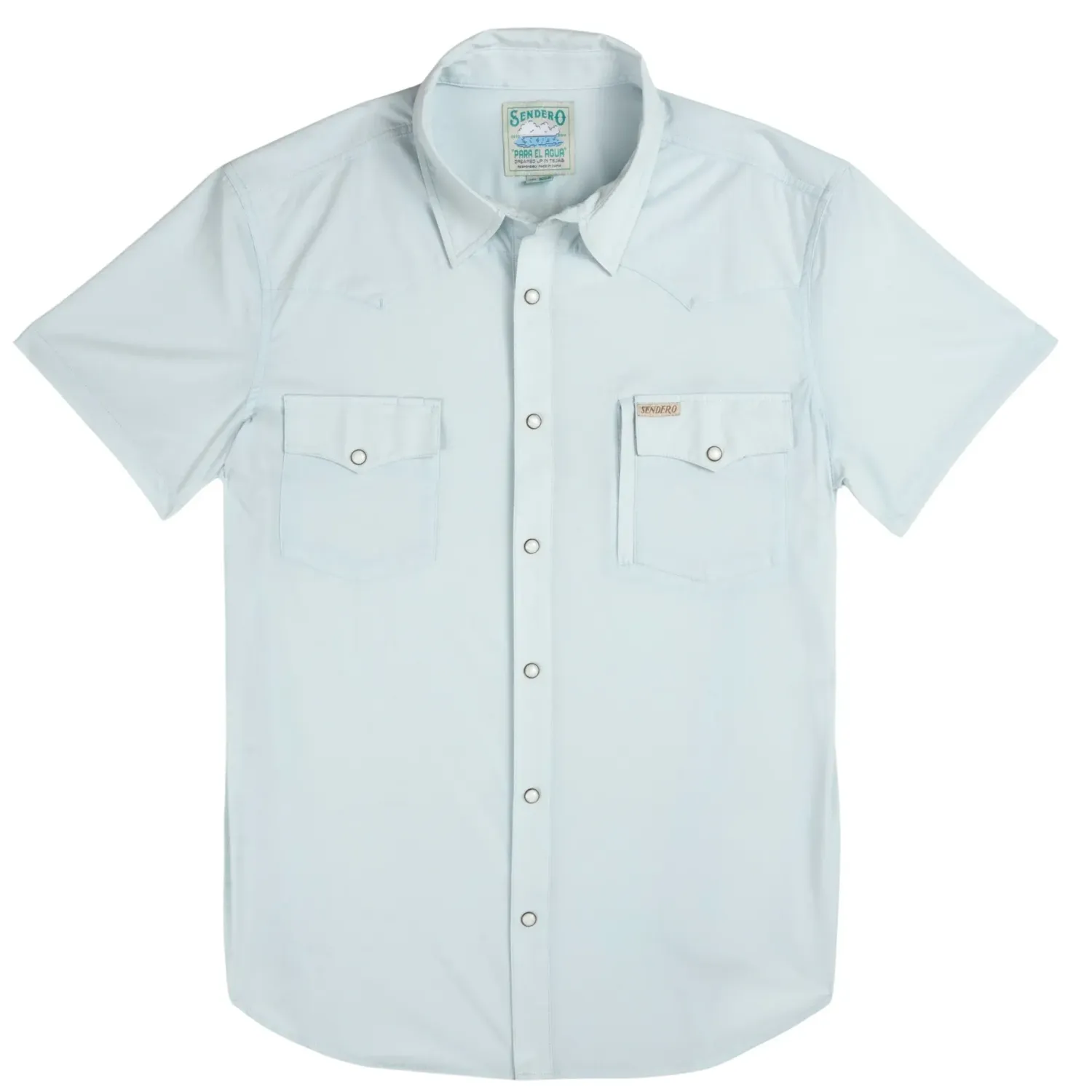 Sendero Confluence Tech shirt in light blue front view with snap buttons and dual chest pockets