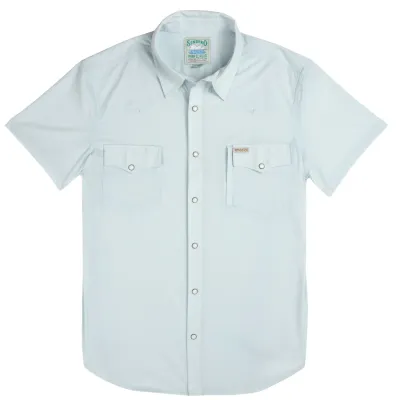 Sendero Confluence Tech shirt in light blue front view with snap buttons and dual chest pockets