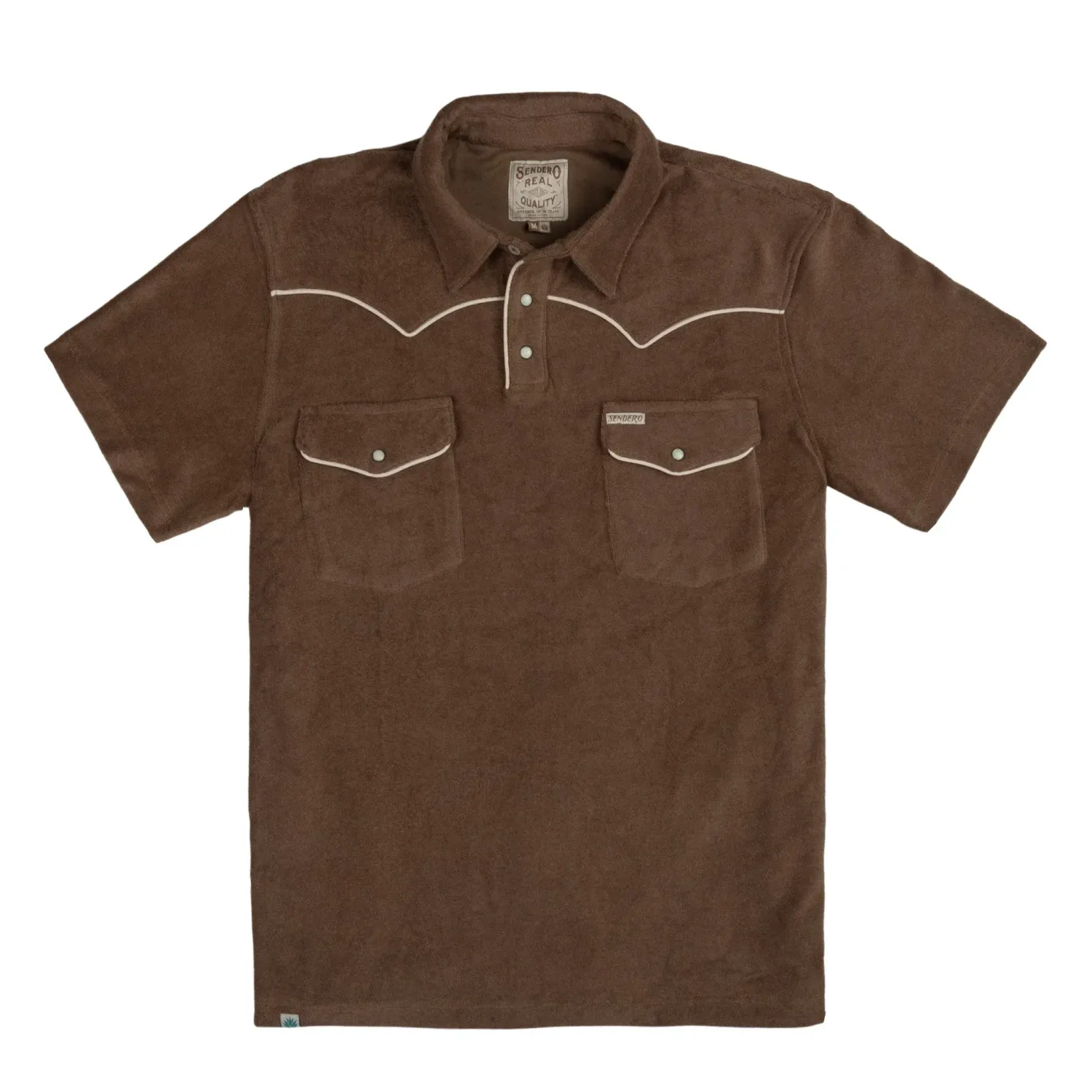 Men’s light brown terry cloth polo shirt with snap placket and dual chest pockets