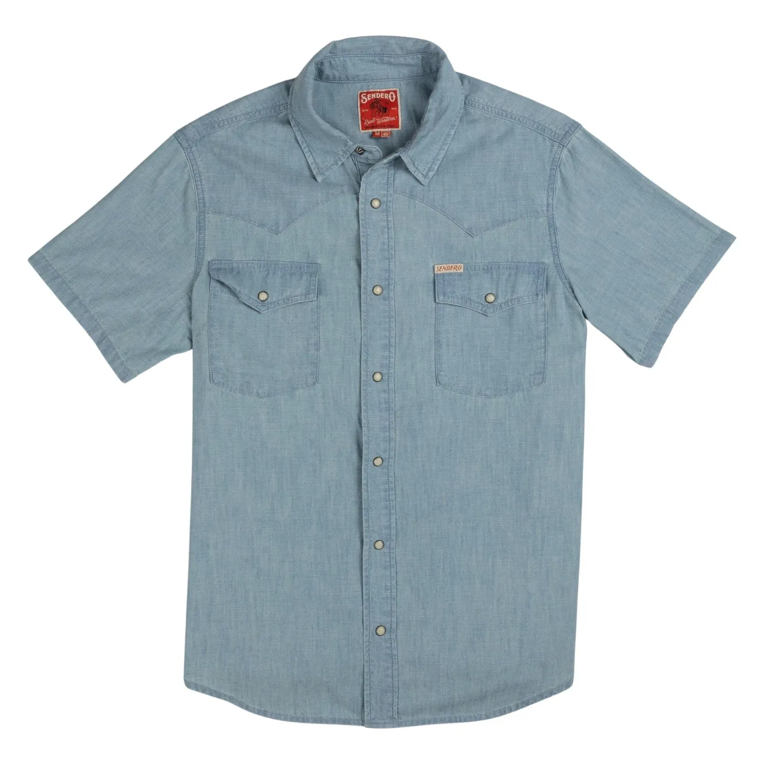 Sendero Wyatt washed indigo chambray shirt flat lay front with classic western styling