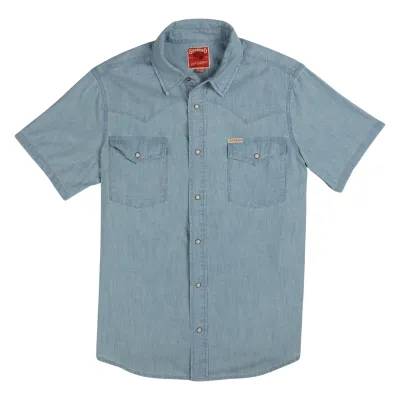 Sendero Wyatt washed indigo chambray shirt flat lay front with classic western styling