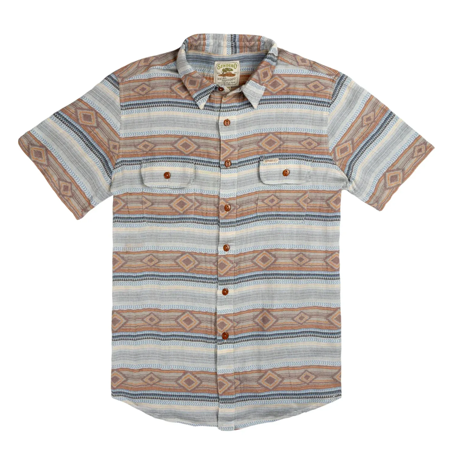 Sendero Boquillas shirt Sonoita stripe brown and blue front view with button closure and chest pockets