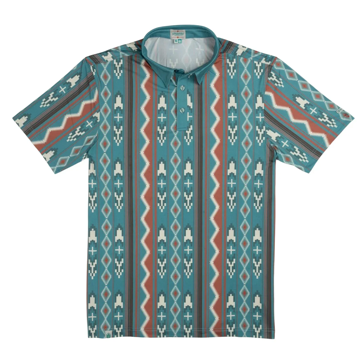 Front view of teal performance polo with clay and cream Southwestern stripe pattern