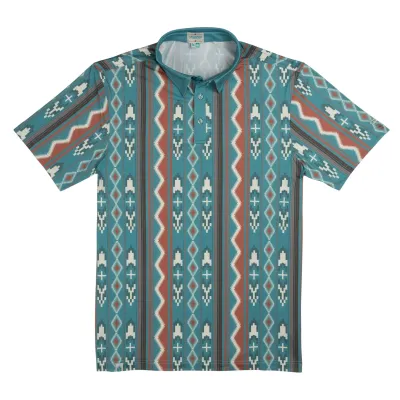 Front view of teal performance polo with clay and cream Southwestern stripe pattern