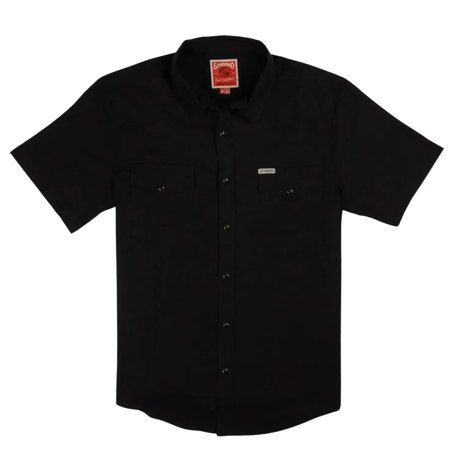 Sendero Wyatt black pearl snap shirt front view with dual chest pockets