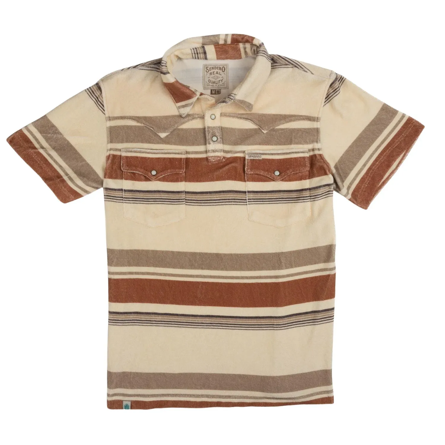 Front product view of Sonora stripe polo shirt with snap placket and dual chest pockets