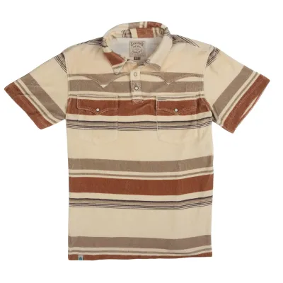 Front product view of Sonora stripe polo shirt with snap placket and dual chest pockets