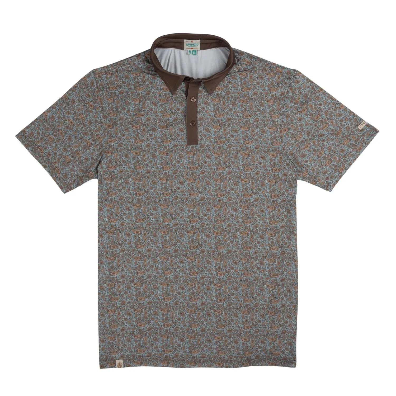 Front view of sky blue performance polo with brown collar and allover paisley print