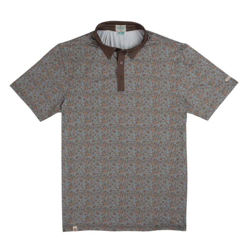 Front view of sky blue performance polo with brown collar and allover paisley print