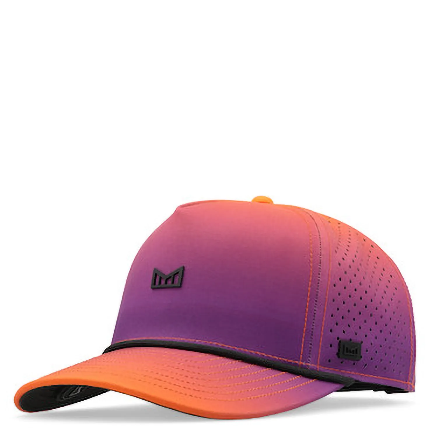 Melin Odysea Rope Bulls Icon HYDRO Hat in Sunset Wavez with a purple-to-orange gradient and curved brim with rope detail.