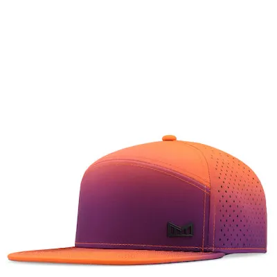 Melin Trenches Icon HYDRO hat shown in Sunset Wavez with a structured crown, modified flat visor, and technical performance