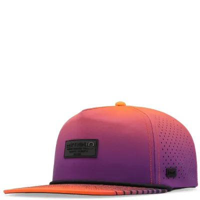 Front angled view of Melin Coronado Brick HYDRO Snapback Hat in Sunset Wavez with gradient purple-to-orange color and rope de