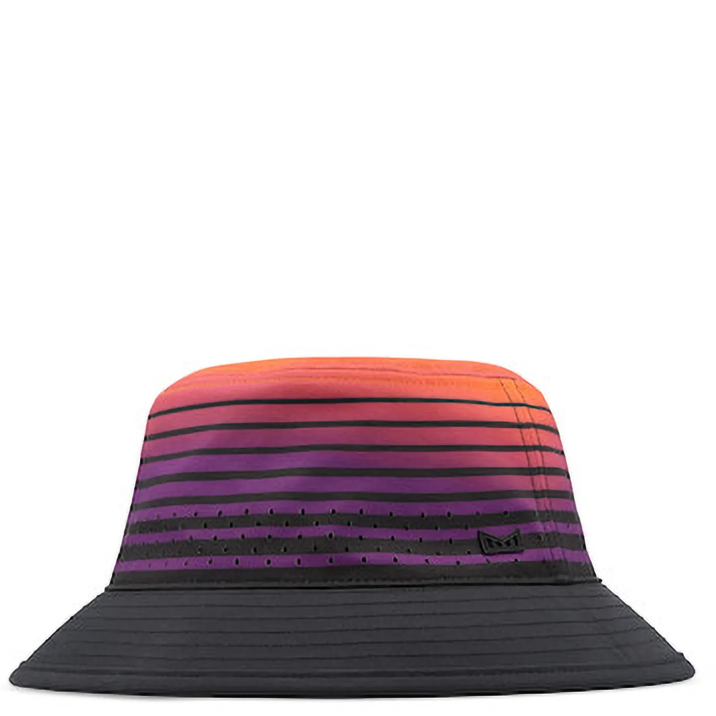 Front view of Melin Caddy HYDRO Bucket Hat in Sunset Wavez with striped gradient design and black brim.