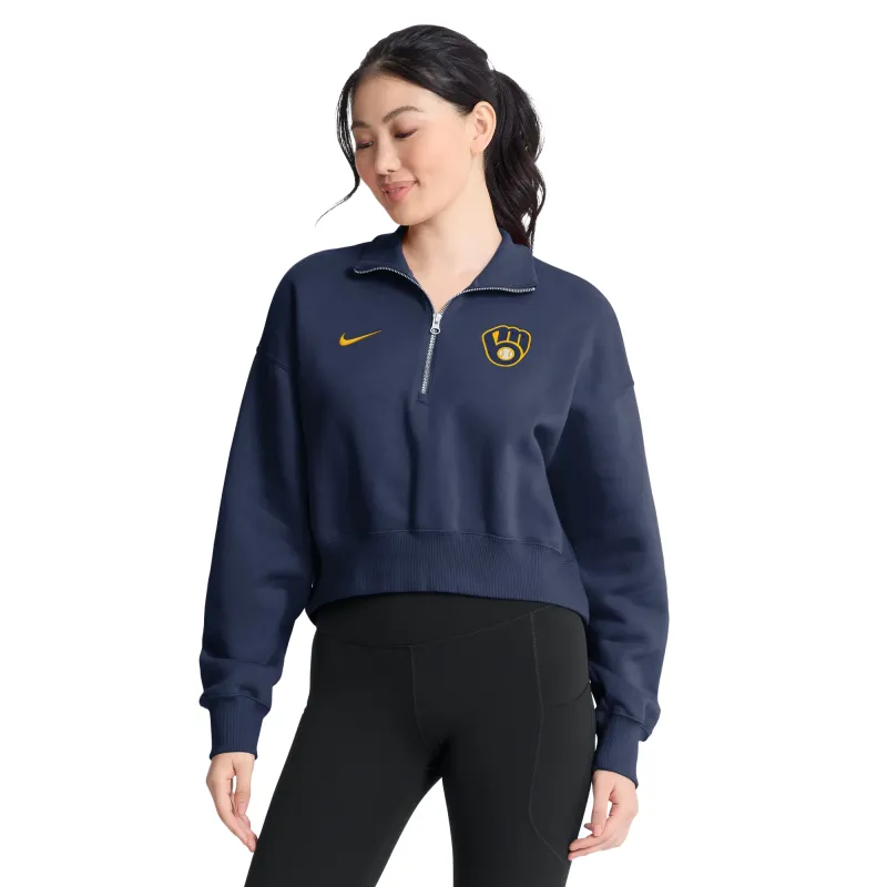 Model wearing Brewers Phoenix fleece sweatshirt with relaxed cropped fit