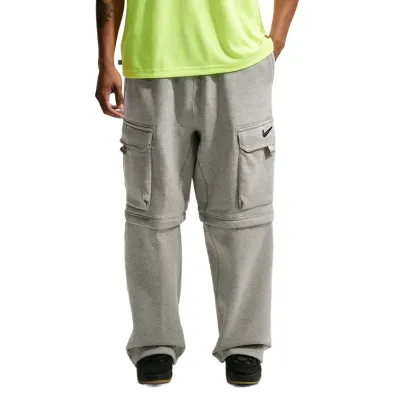 Front view of grey Nike SB cargo pants with multiple flap pockets and loose straight-leg fit