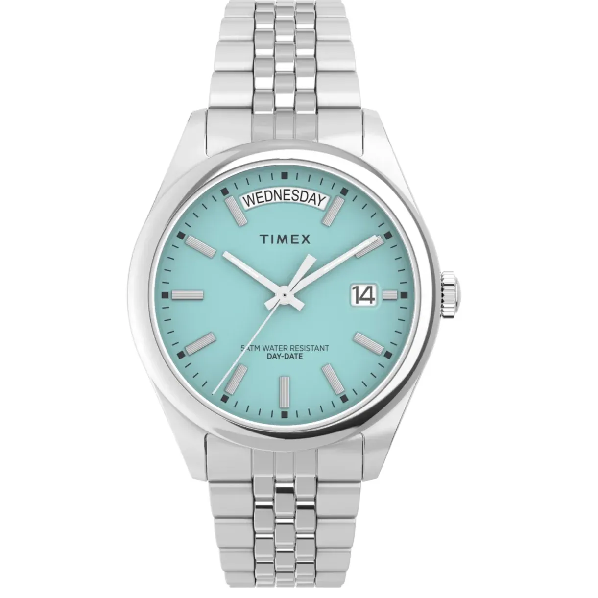 Front view of Timex Legacy 36mm watch with light blue dial and day-date display