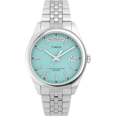 Front view of Timex Legacy 36mm watch with light blue dial and day-date display