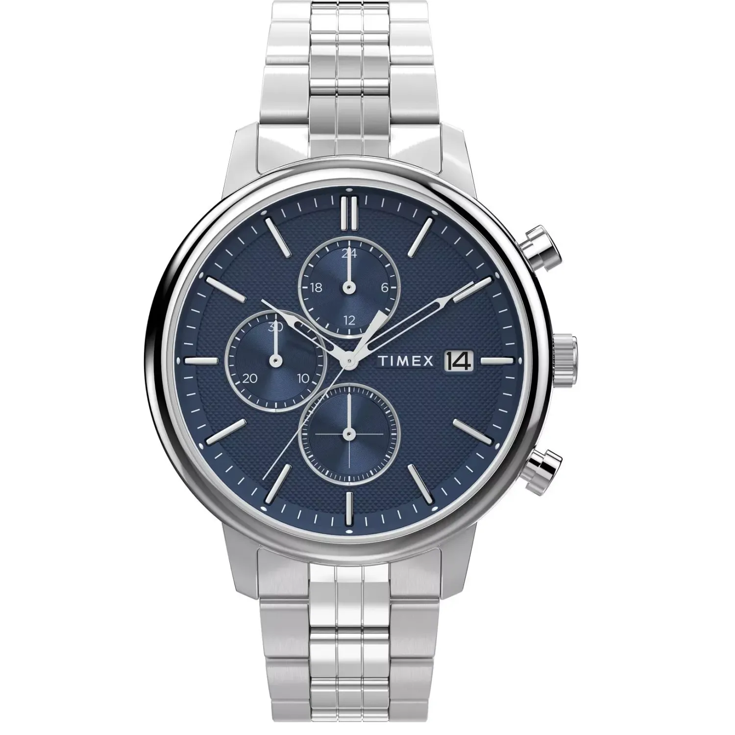 Front view of Timex Chicago chronograph watch with blue dial, subdials, and date display