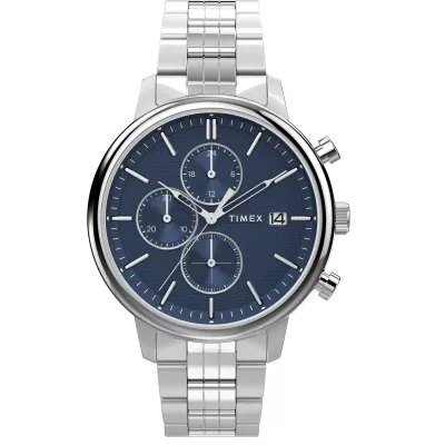 Front view of Timex Chicago chronograph watch with blue dial, subdials, and date display