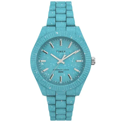 Front view of Timex Waterbury Ocean watch with speckled blue recycled case and bracelet