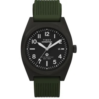 Front view of Timex Expedition Capstone 39mm watch with green strap and black face