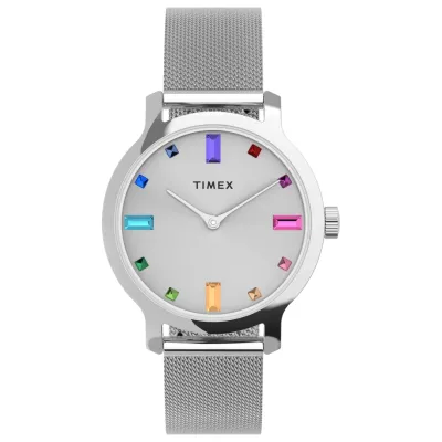 Front view of women’s watch with silver dial and colorful crystal hour markers