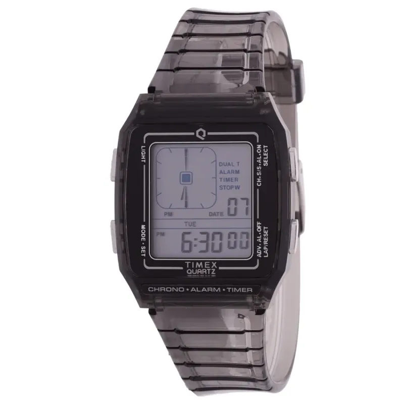 Front view showing square digital display with analog-style dial and time functions