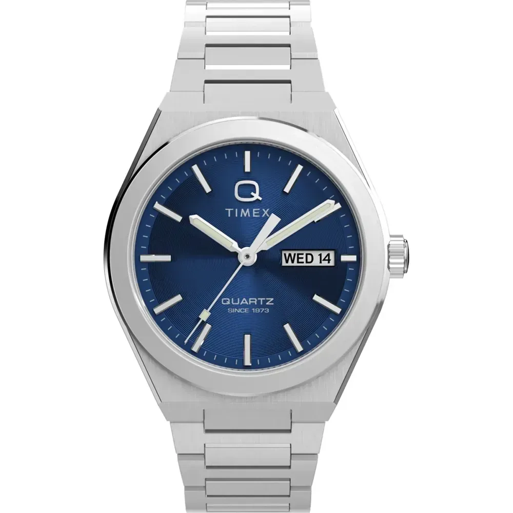 Front view of Timex Q80 Continental watch with navy dial and silver stainless steel bracelet