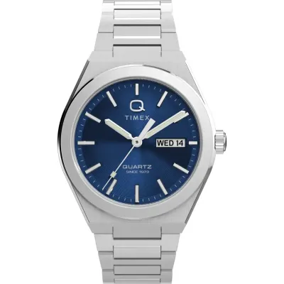 Front view of Timex Q80 Continental watch with navy dial and silver stainless steel bracelet