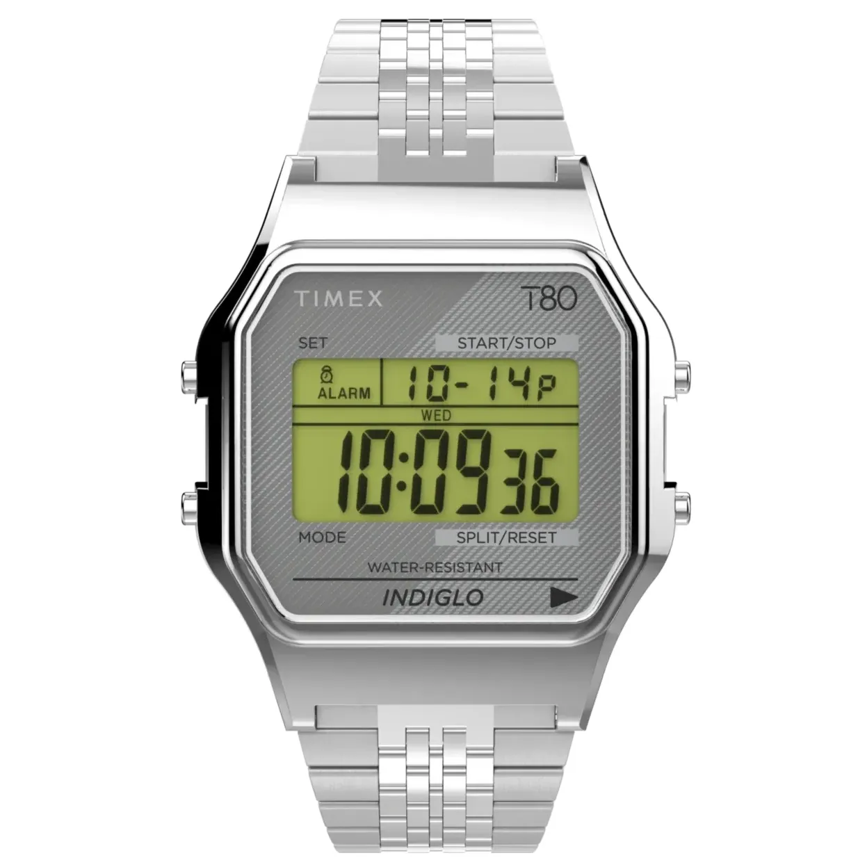 Front view of Timex T80 digital watch with illuminated display and stainless steel bracelet