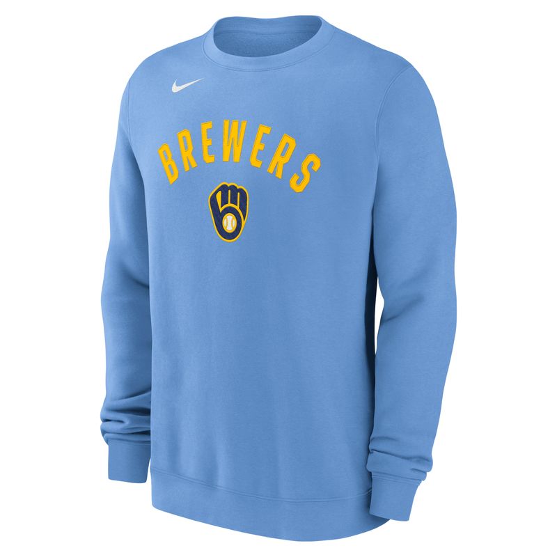 Nike Milwaukee Brewers blue crewneck sweatshirt front view with Brewers wordmark
