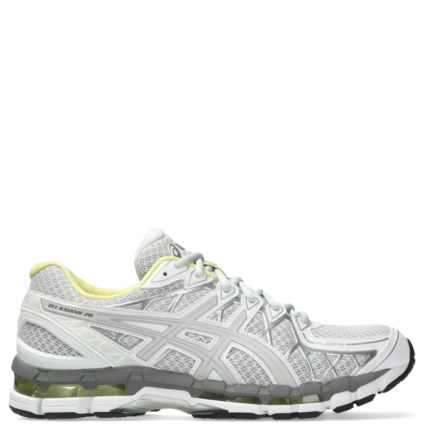 Lateral view of ASICS GEL-Kayano 20 with detailed overlay structure and GEL cushioning window.
