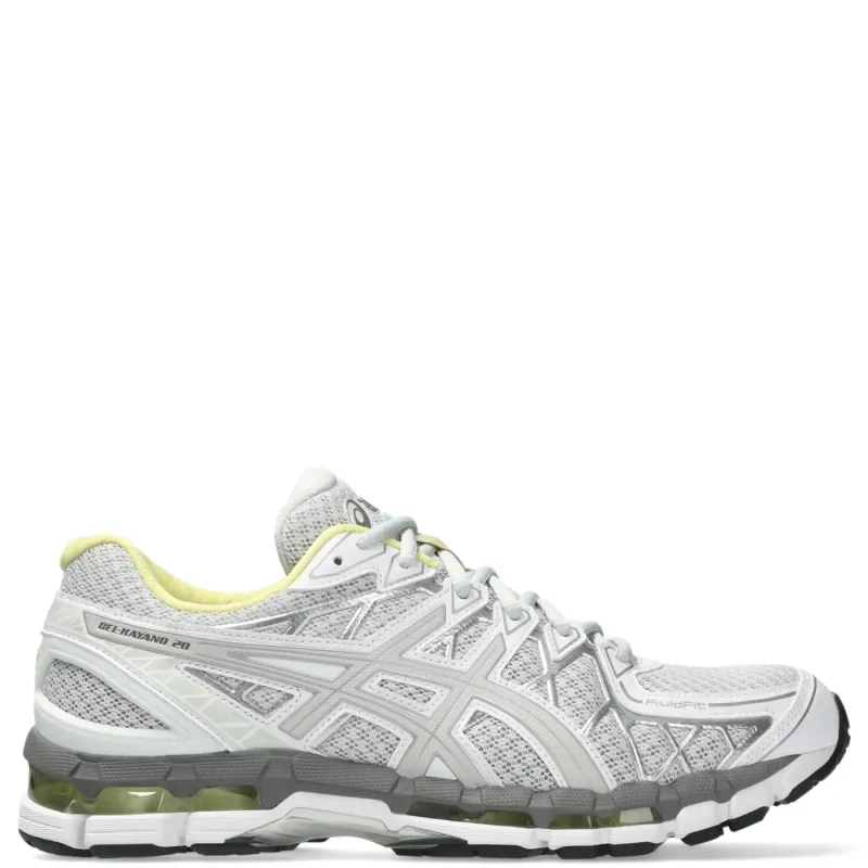 Lateral view of ASICS GEL-Kayano 20 with detailed overlay structure and GEL cushioning window.
