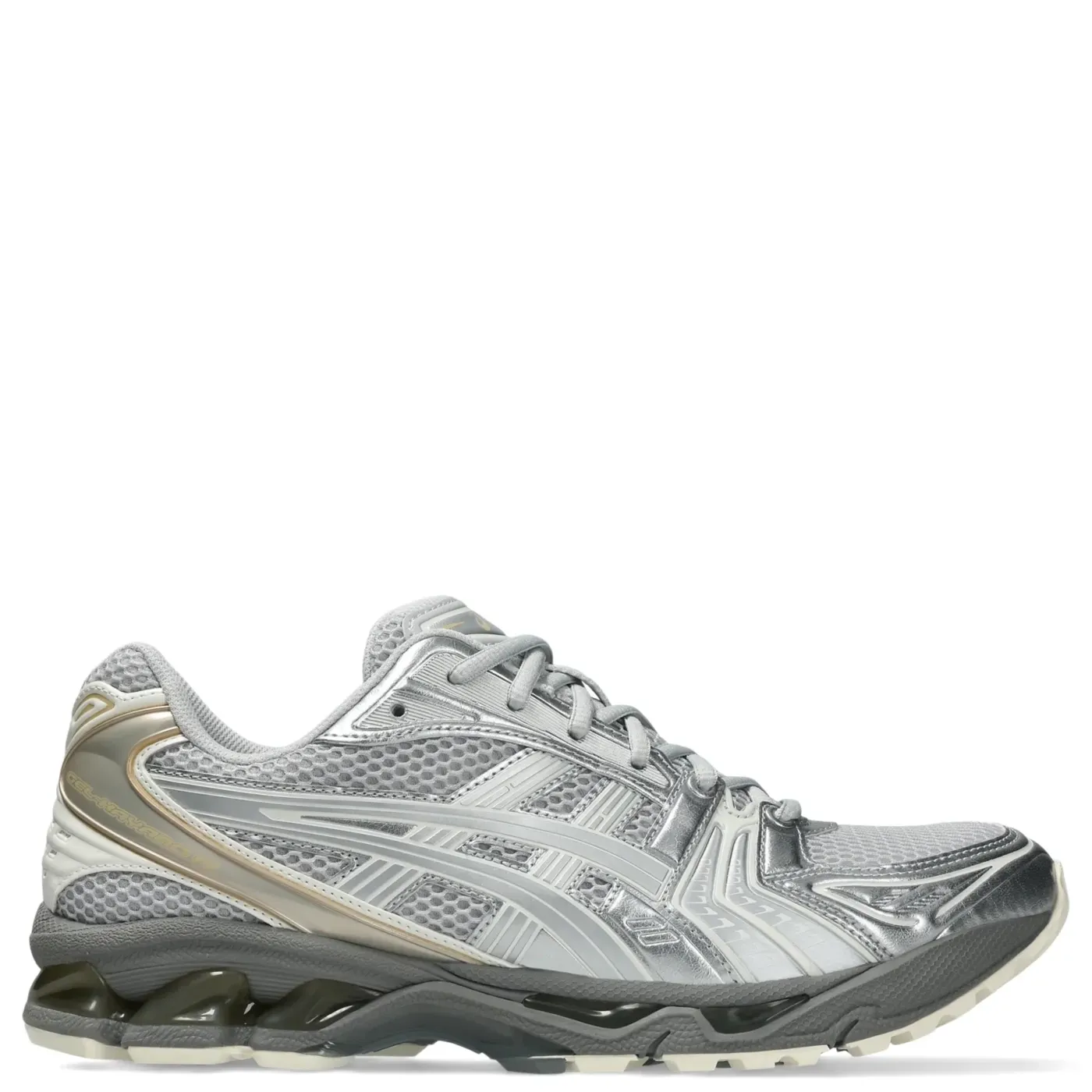 Medial side view of ASICS GEL-Kayano 14 displaying mesh paneling, stability features, and cushioned midsole.