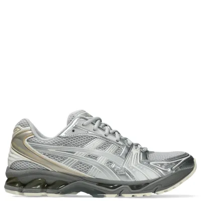 Medial side view of ASICS GEL-Kayano 14 displaying mesh paneling, stability features, and cushioned midsole.