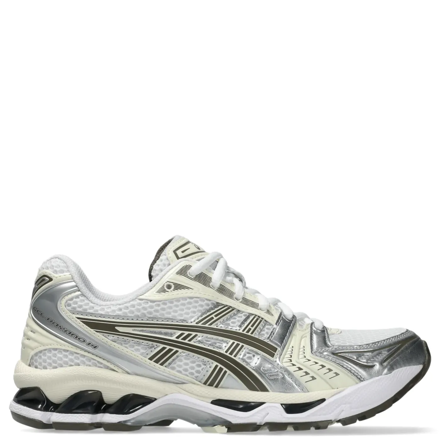Side profile of ASICS GEL-KAYANO 14 emphasizing GEL cushioning system, supportive midsole, and classic silhouette.