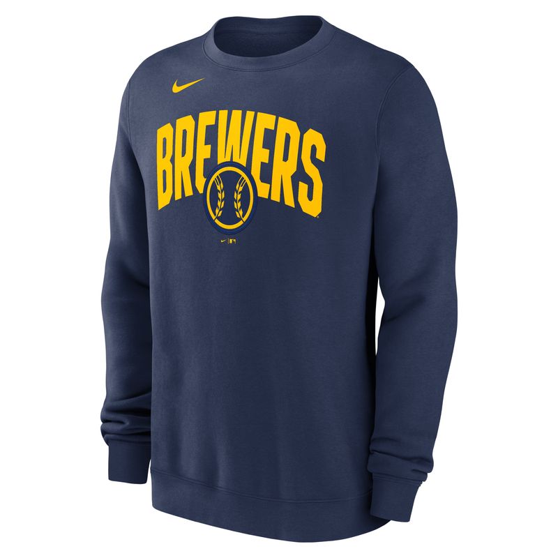 Nike Milwaukee Brewers navy crewneck sweatshirt with arched Brewers lettering front view