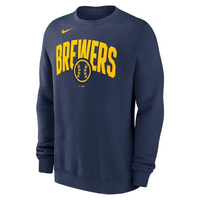 Nike Milwaukee Brewers navy crewneck sweatshirt with arched Brewers lettering front view
