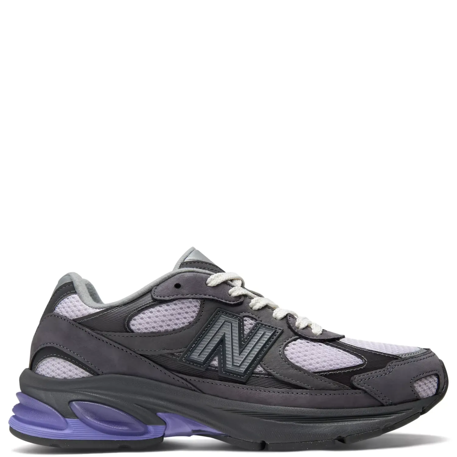 Lateral side view of New Balance ABZORB 2010 sneaker in grey and black with purple midsole accents and layered mesh upper.