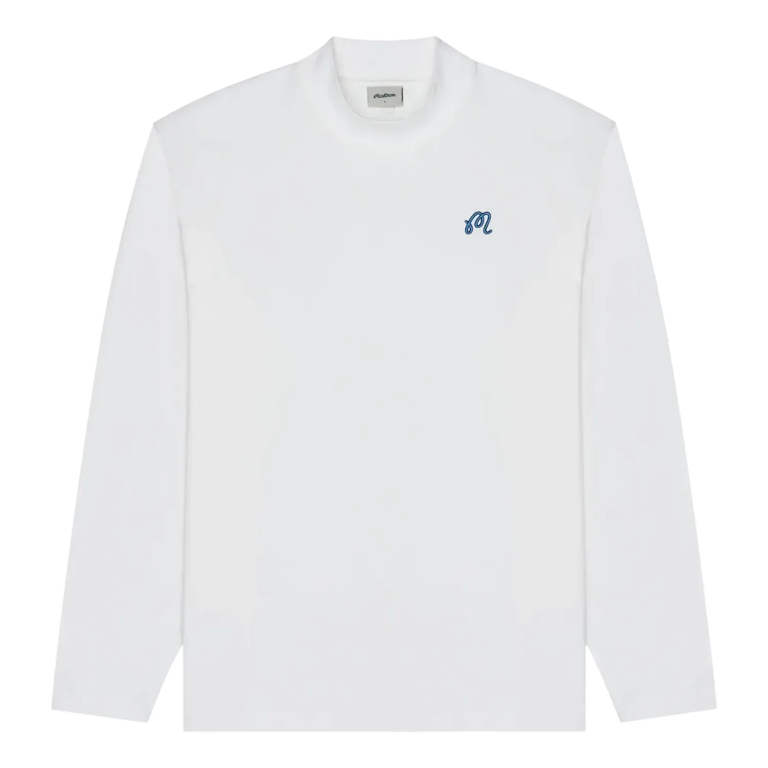 Flat lay of long sleeve mockneck tee in snow white with minimal design