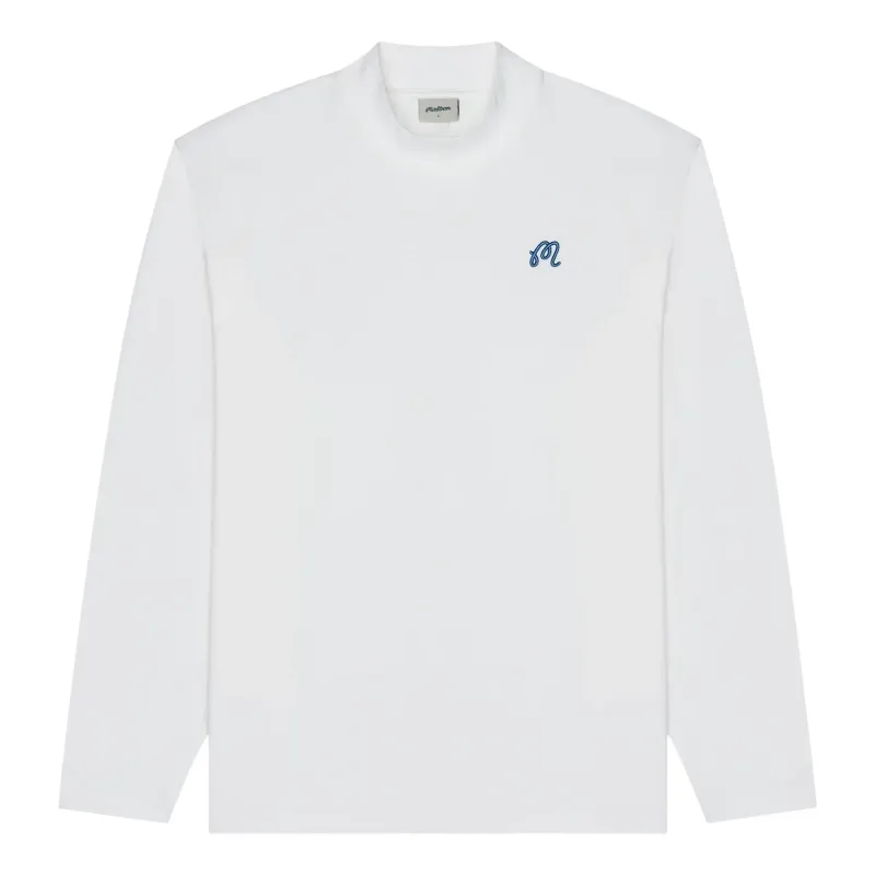 Flat lay of long sleeve mockneck tee in snow white with minimal design