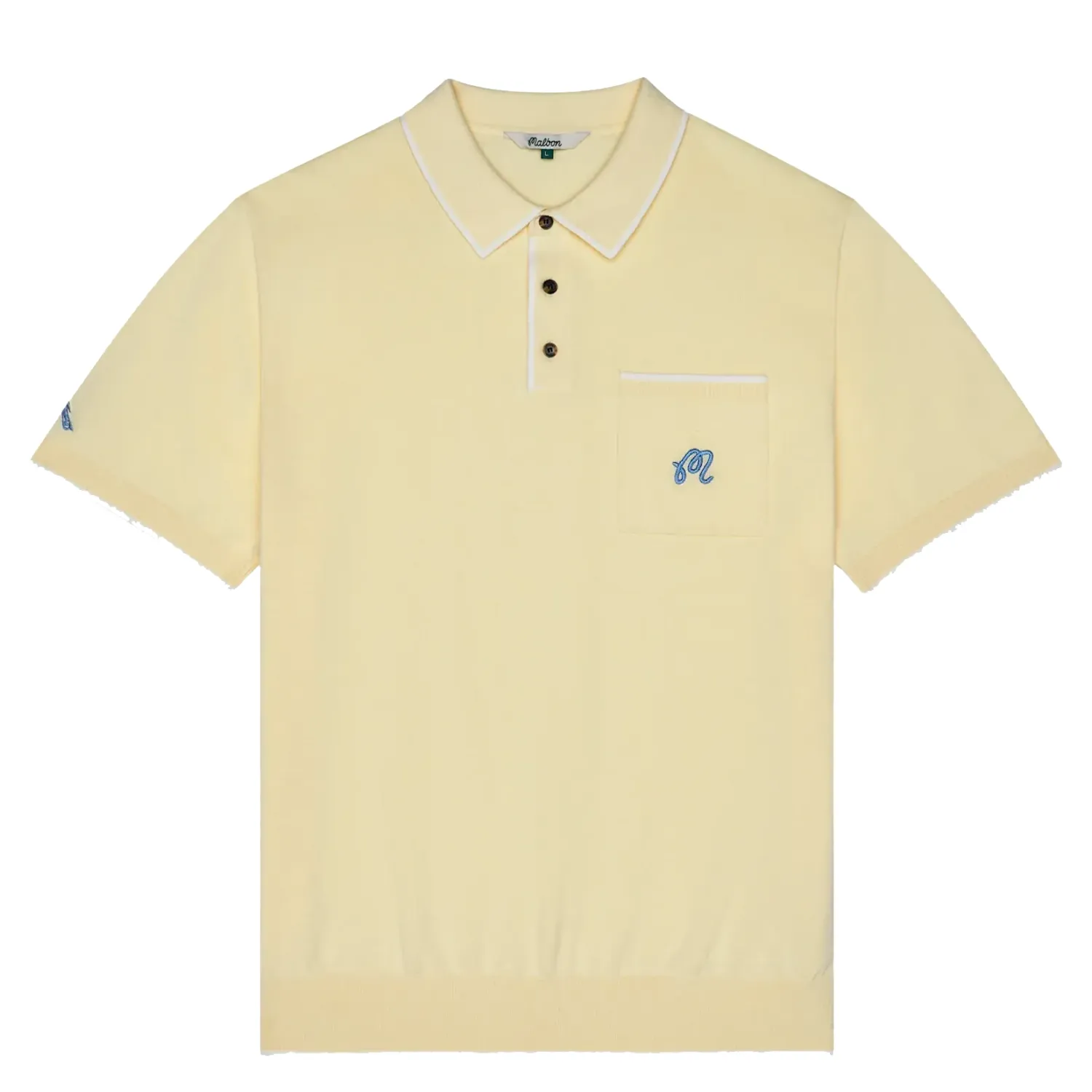 Front flat lay of soft yellow knit polo with chest pocket and embroidered logo detail