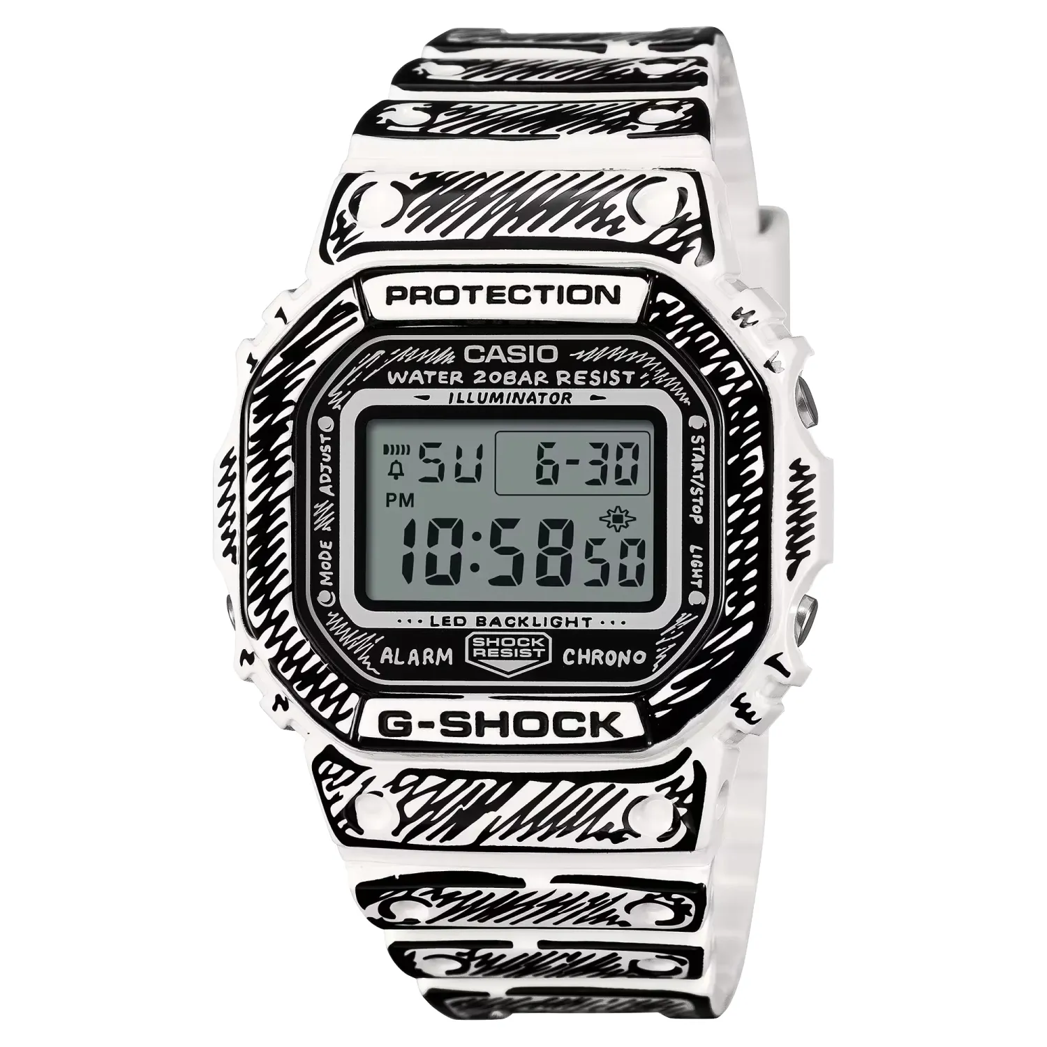 Front view of G-SHOCK DW5600JV-7 watch with black sketch-style detailing on white resin case